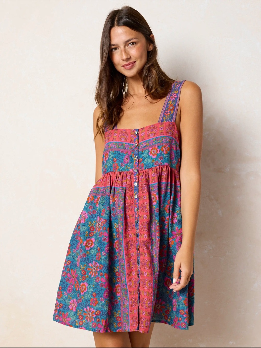 NATURAL LIFE Lucy Mini Dress in the color/pattern Teal Boho Border Scarf, Sz S
